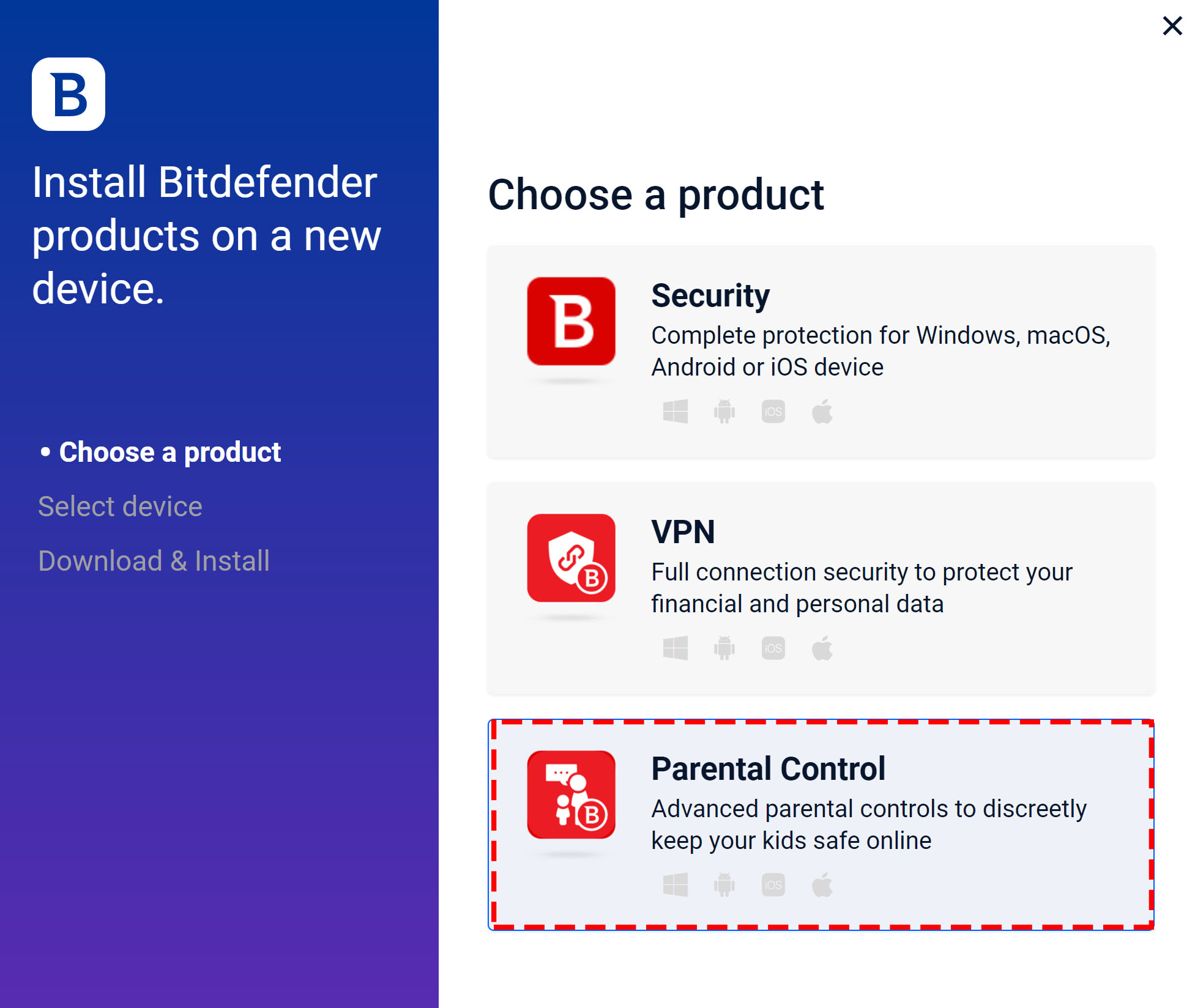 Bitdefender Parental Control on Windows - Choose